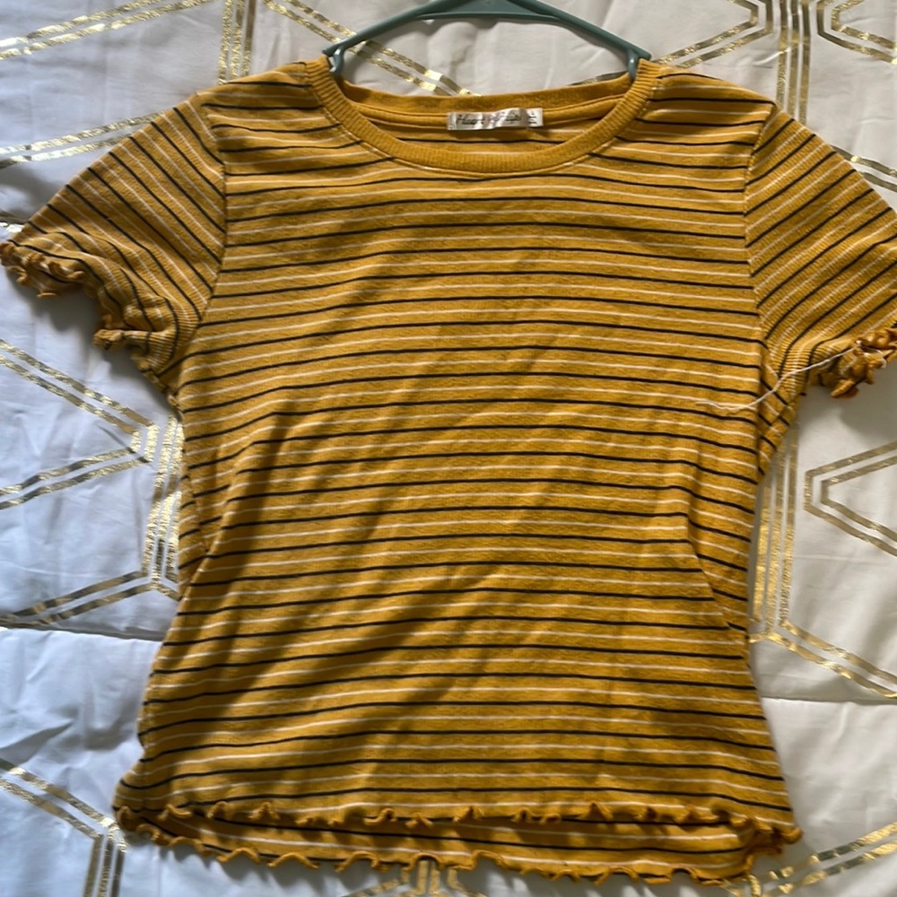 Yellow crop top with black and white stripes